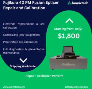 Fujikura FSM 40 pm Fusion splicer. Repair, service and calibration only for $1800 by Aumictech. Best Service for 40pm fusion splicer.